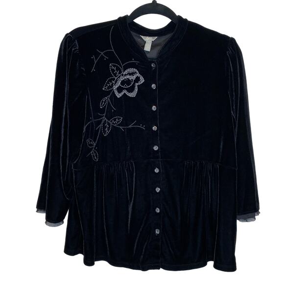 J Jill 90s romantic grunge emo whimsygoth black velour embroidered button up L - Picture 1 of 8